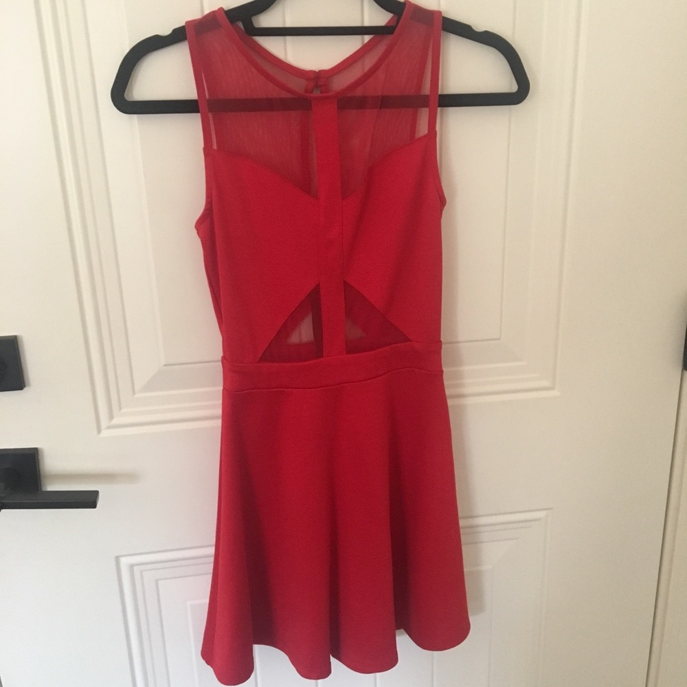 Red Cutout/Mesh Inset Skater Dress